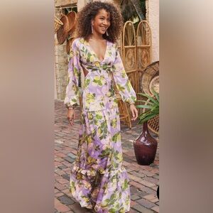 Venus Floral Lavender Sherbert Satin Ruffle Side Cut Out Vacation Maxi Dress